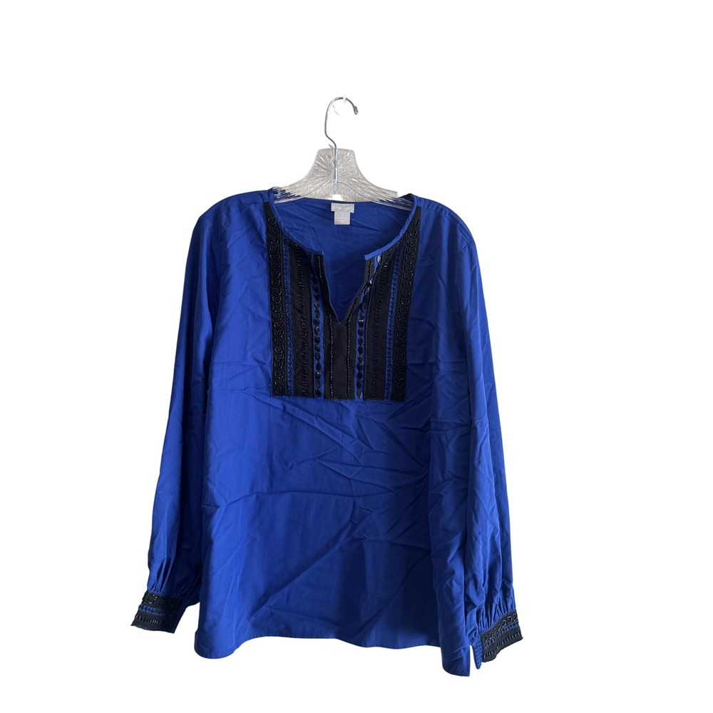Chicos Royal Blue Beaded Tunic Blouse Womens Size 2 US 12/14 Long Sleeve Boho